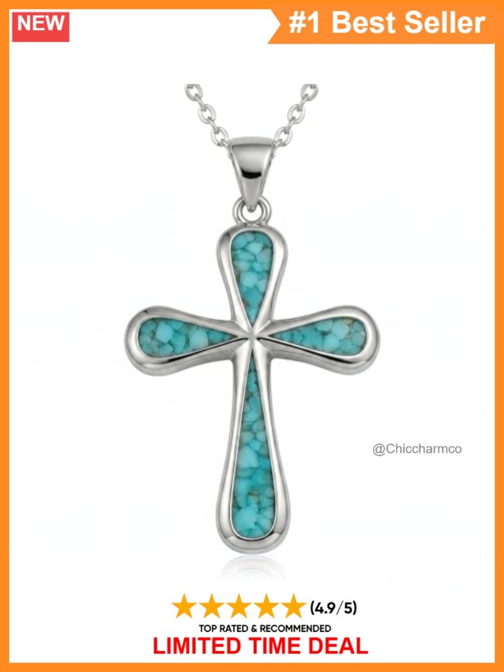 925 Sterling Silver Turquoise Cross Pendant Necklace 18 Inch